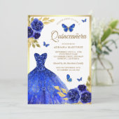 Royal Blue Floral Jurk Butterfly Gold Quinceanera Kaart (Staand voorkant)