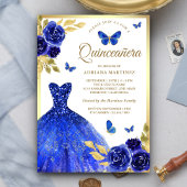 Royal Blue Floral Jurk Butterfly Gold Quinceanera Kaart