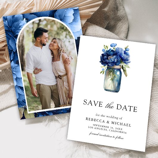 Royal Blue Floral Mason Jar foto bruiloft Save The Date