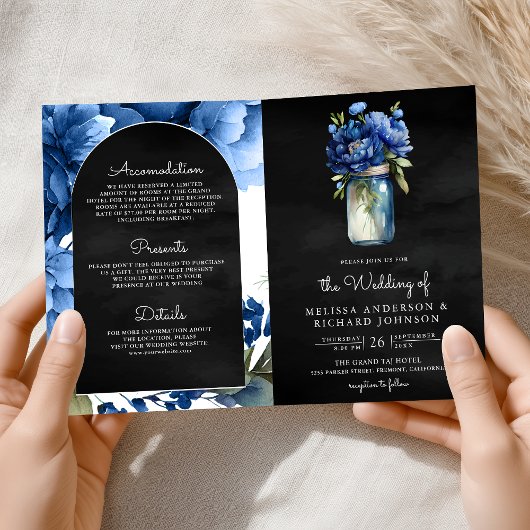 Royal Blue Floral Mason Jar QR Code Black Wedding