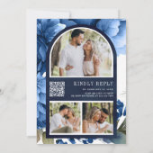 Royal Blue Floral Mason Jar QR Code Marine bruilof Kaart (Achterkant)