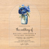 Royal Blue Floral Mason Jar Wedding Acryl Uitnodigingen (Voorkant)