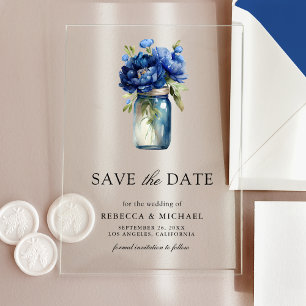 Royal Blue Floral Mason Jar Wedding Save the Date Acryl Uitnodigingen