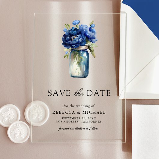 Royal Blue Floral Mason Jar Wedding Save the Date Acryl Uitnodigingen