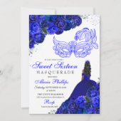 Royal Blue Floral Masquerade Sweet 16 Uitnodiging (Voorkant)