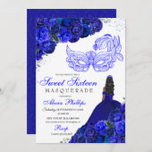 Royal Blue Floral Masquerade Sweet 16 Uitnodiging (Voorkant / Achterkant)