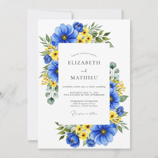 Royal Blue Floral Meadow Wedding Kaart (Voorkant)