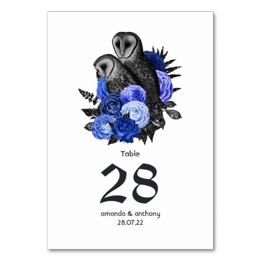 Royal Blue Floral Owls Gothic Wedding Kaart (Achterkant)