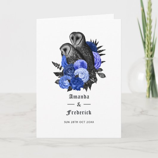 Royal Blue Floral Owls Gothic Wedding Programma (Voorkant)