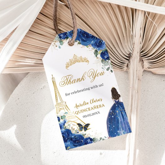 Royal Blue Floral Paris Gold Quinceañera Verjaarda Cadeaulabel