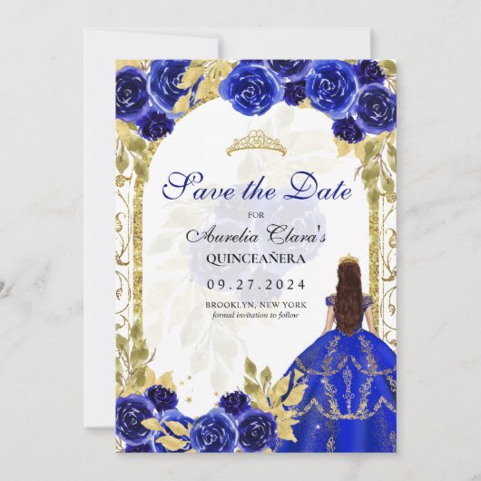 Royal Blue Floral Princess Gold Arch Quinceanera Aankondiging (Voorkant)