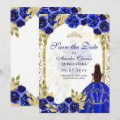 Royal Blue Floral Princess Gold Arch Quinceanera Aankondiging (Voorkant / Achterkant)