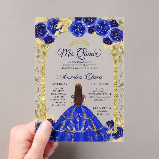 Royal Blue Floral Princess Gold Arch Quinceanera Acryl Uitnodigingen (Insitu (Draagbaar))