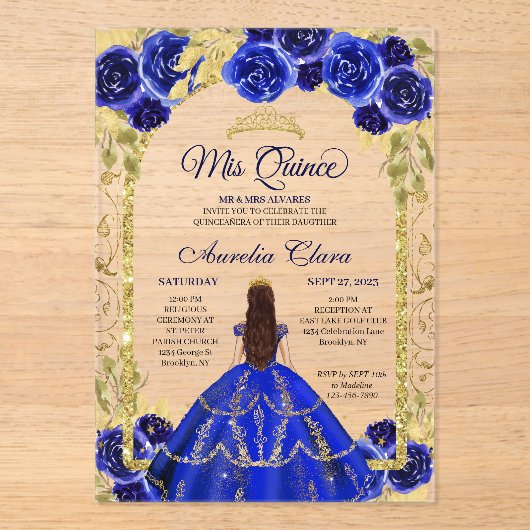 Royal Blue Floral Princess Gold Arch Quinceanera Acryl Uitnodigingen (Voorkant)