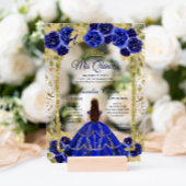 Royal Blue Floral Princess Gold Arch Quinceanera Acryl Uitnodigingen