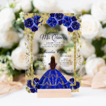 Royal Blue Floral Princess Gold Arch Quinceanera