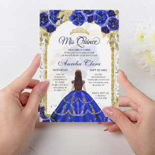Royal Blue Floral Princess Gold Arch Quinceanera Kaart