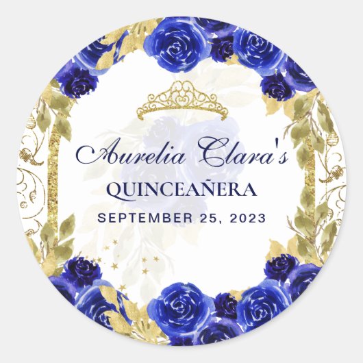 Royal Blue Floral Princess Gold Arch Quinceanera Ronde Sticker (Voorkant)