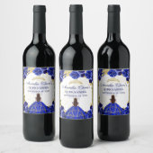 Royal Blue Floral Princess Gold Arch Quinceanera Wijn Etiket (Flessen)