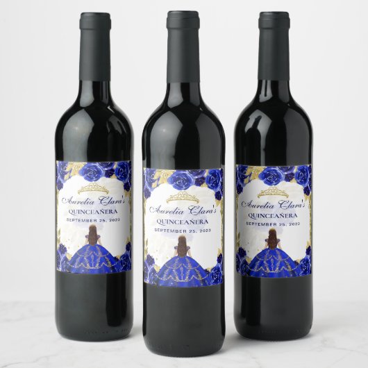 Royal Blue Floral Princess Gold Arch Quinceanera Wijn Etiket (Flessen)