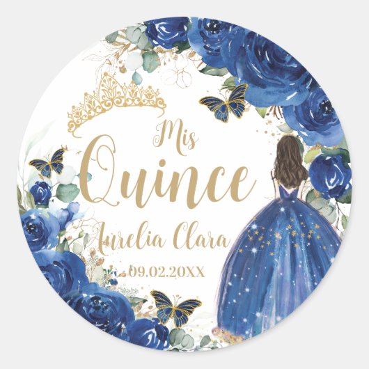 Royal Blue Floral Princess Gold Quinceañera Quince Ronde Sticker (Voorkant)