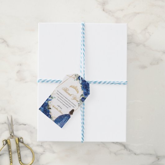 Royal Blue Floral Princess Quinceañera Birthday Cadeaulabel (Met Touw)