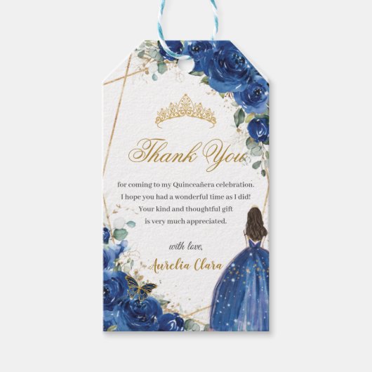 Royal Blue Floral Princess Quinceañera Birthday Cadeaulabel (Voorkant)