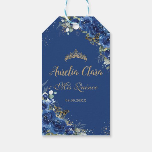 Royal Blue Floral Princess Quinceañera Birthday Cadeaulabel (Achterkant)