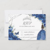 Royal Blue Floral Prinses Gown Zilver Quinceañera RSVP Kaartje (Voorkant)