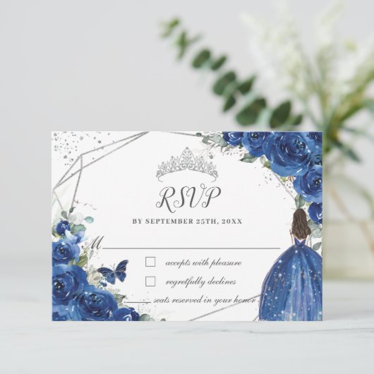 Royal Blue Floral Prinses Gown Zilver Quinceañera RSVP Kaartje (Staand voorkant)
