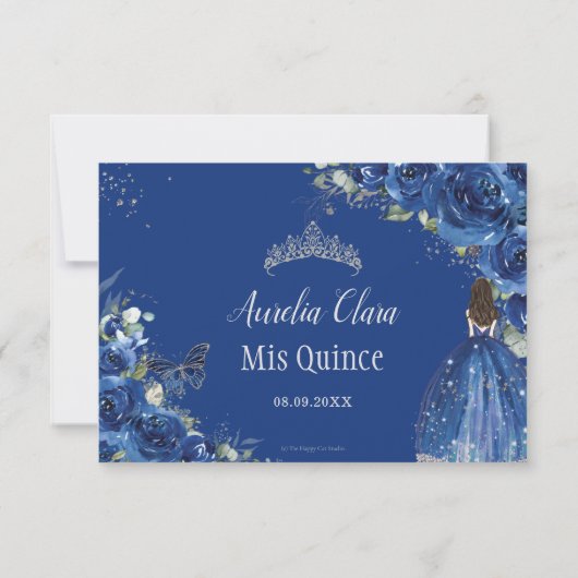 Royal Blue Floral Prinses Gown Zilver Quinceañera RSVP Kaartje (Achterkant)