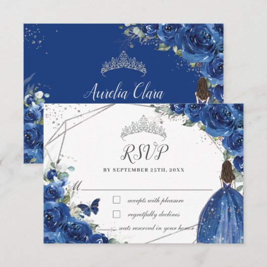 Royal Blue Floral Prinses Gown Zilver Quinceañera RSVP Kaartje (Voorkant / Achterkant)
