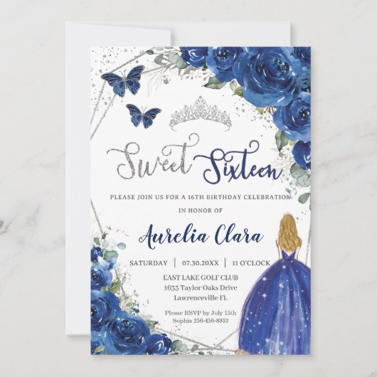 Royal Blue Floral Prinses Sweet 16 Verjaardag Kaart (Voorkant)