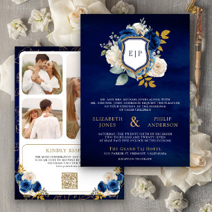 Royal Blue Floral QR Code Fotokam Huwelijk Kaart