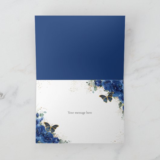 Royal Blue Floral Quinceañera Birthday Butterflies Bedankkaart (Binnen)