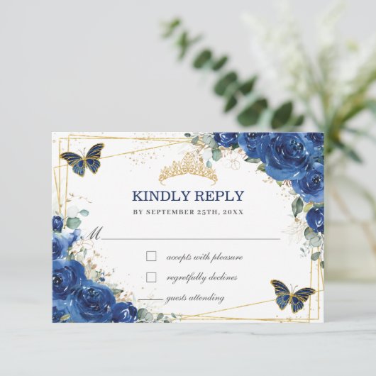 Royal Blue Floral Quinceañera Butterflies Antwoord (Staand voorkant)