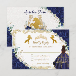 Royal Blue Floral Quinceañera Charro Gold Horses RSVP Kaartje