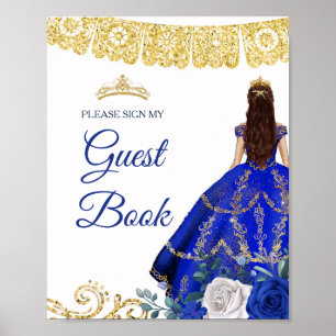 Royal Blue Floral Quinceañera Gastenboek teken Poster