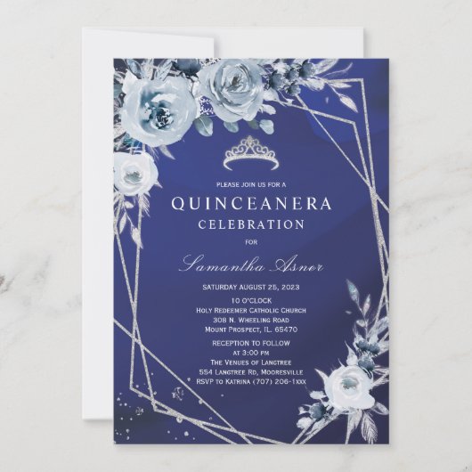 Royal Blue Floral Quinceañera Kaart (Voorkant)