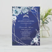 Royal Blue Floral Quinceañera Kaart (Staand voorkant)