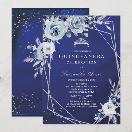 Royal Blue Floral Quinceañera Kaart (Voorkant / Achterkant)