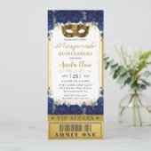 Royal Blue Floral Quinceañera Masquerade Ticket Kaart (Staand voorkant)
