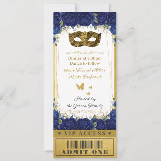 Royal Blue Floral Quinceañera Masquerade Ticket Kaart (Achterkant)