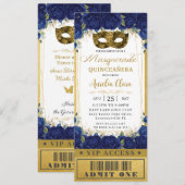Royal Blue Floral Quinceañera Masquerade Ticket Kaart (Voorkant / Achterkant)