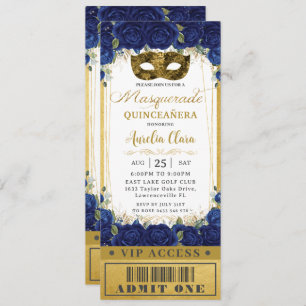 Royal Blue Floral Quinceañera Masquerade Ticket Kaart