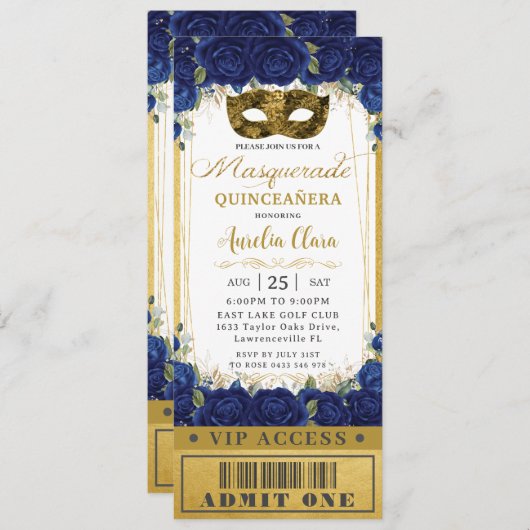 Royal Blue Floral Quinceañera Masquerade Ticket Kaart (Voorkant / Achterkant)