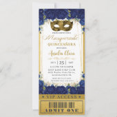 Royal Blue Floral Quinceañera Masquerade Ticket Kaart (Voorkant)