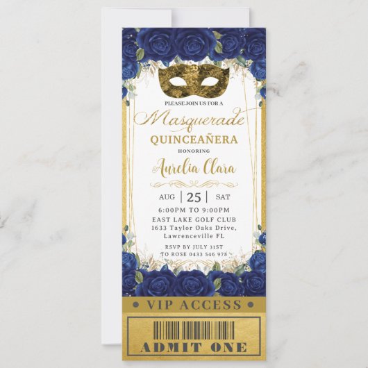 Royal Blue Floral Quinceañera Masquerade Ticket Kaart (Voorkant)