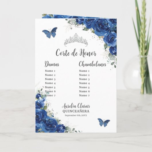 Royal Blue Floral Quinceañera Order of Events Prog Programma (Achterkant)