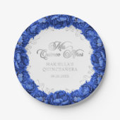 Royal Blue Floral Quinceanera Papieren Bordje (Voorkant)